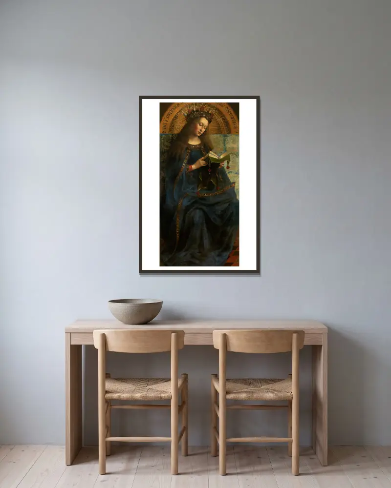 Mary av Jan van Eyck inramad på en vägg