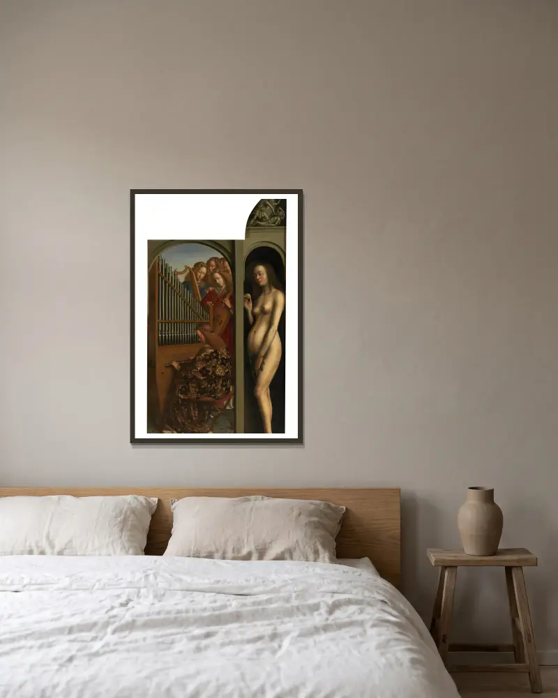 Music-making Angels and Eve av Jan van Eyck inramad på en vägg