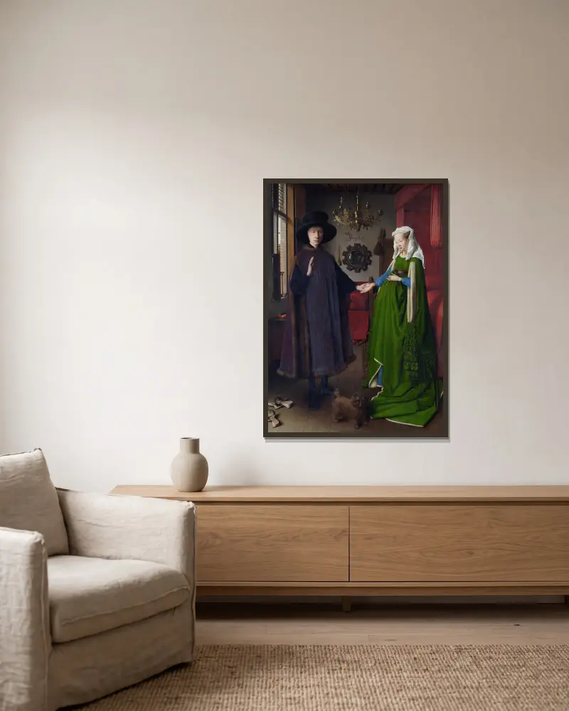 Arnolfinis bröllop av Jan van Eyck inramad på en vägg