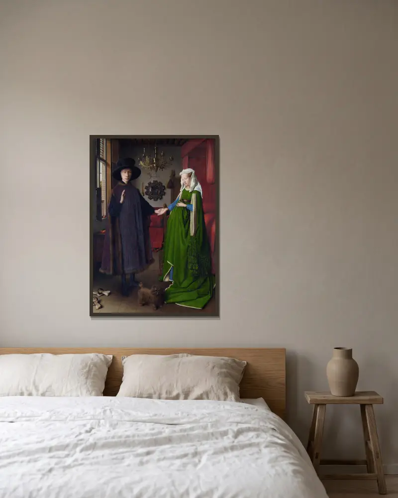 Arnolfinis bröllop av Jan van Eyck inramad på en vägg