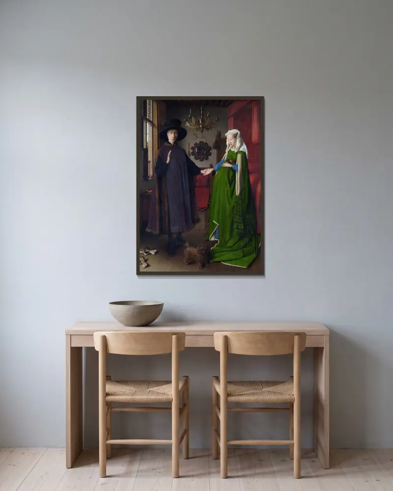 Arnolfinis bröllop av Jan van Eyck inramad på en vägg