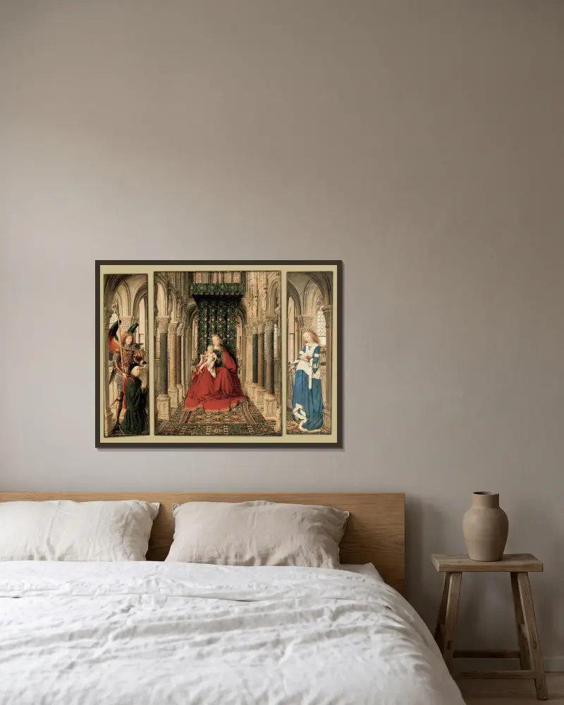 Triptych of Mary and Child, St. Michael, and the Catherine av Jan van Eyck inramad på en vägg