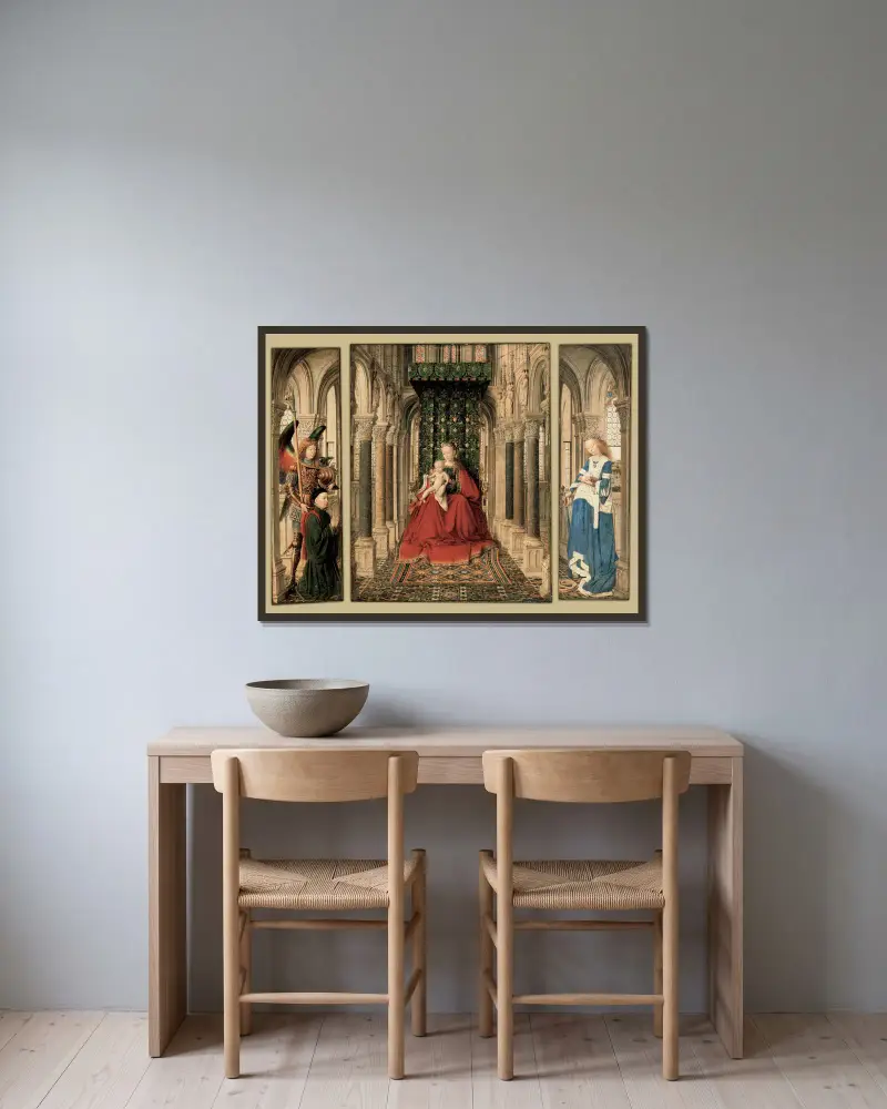 Triptych of Mary and Child, St. Michael, and the Catherine av Jan van Eyck inramad på en vägg