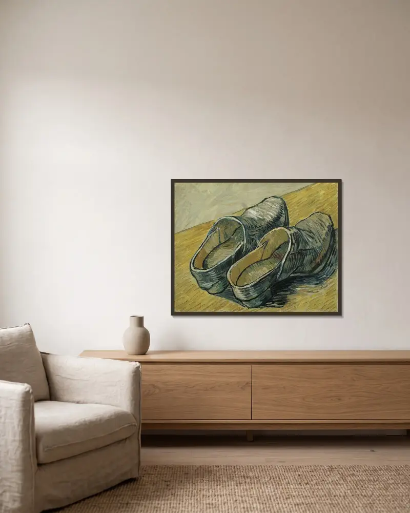 A pair of leather clogs av Vincent van Gogh inramad på en vägg