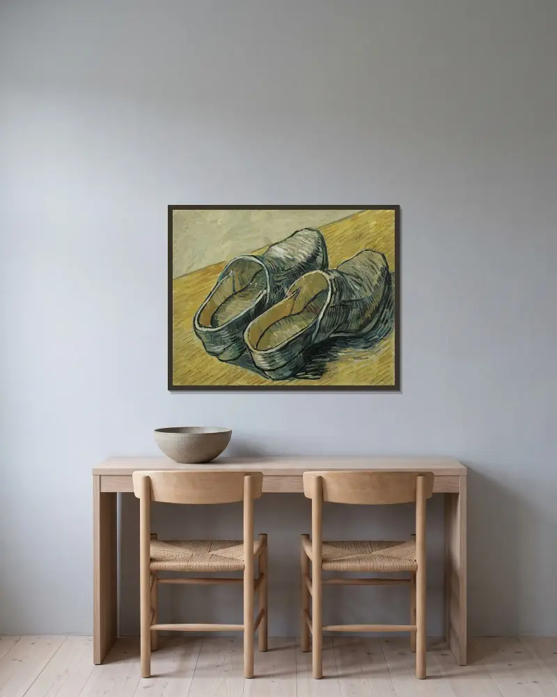 A pair of leather clogs av Vincent van Gogh inramad på en vägg