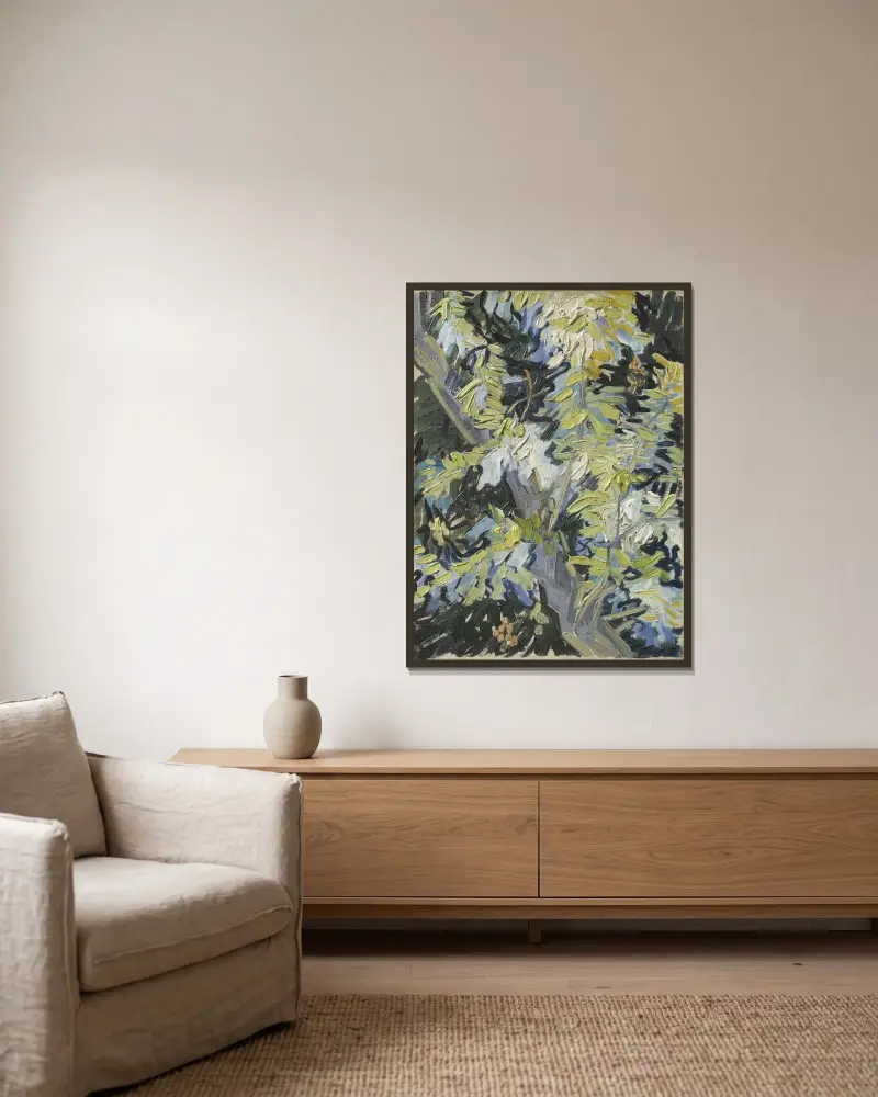Acacia in Flowers av Vincent van Gogh inramad på en vägg