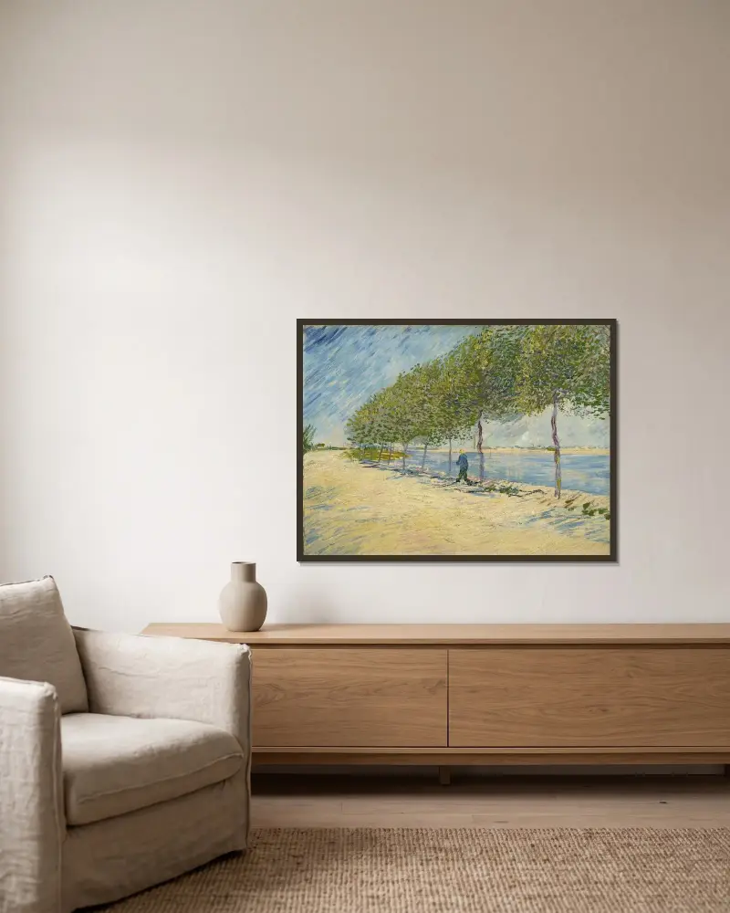 Along the Seine av Vincent van Gogh inramad på en vägg