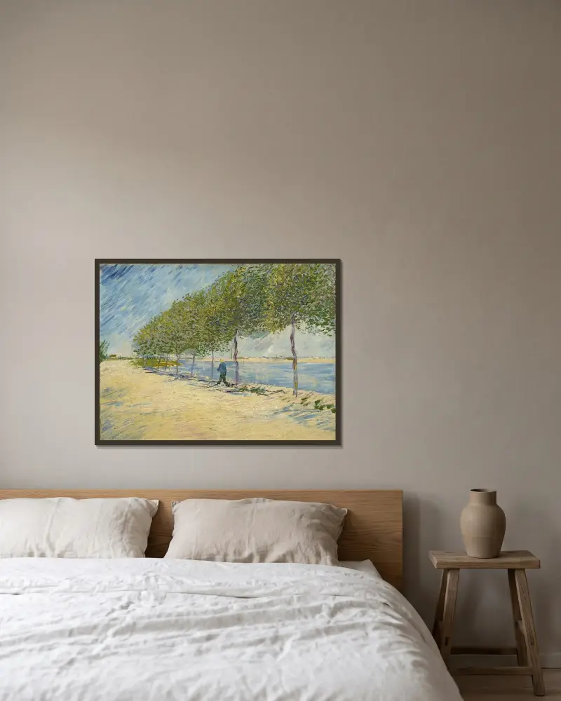 Along the Seine av Vincent van Gogh inramad på en vägg