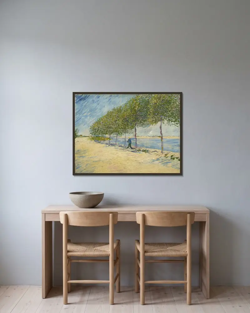 Along the Seine av Vincent van Gogh inramad på en vägg