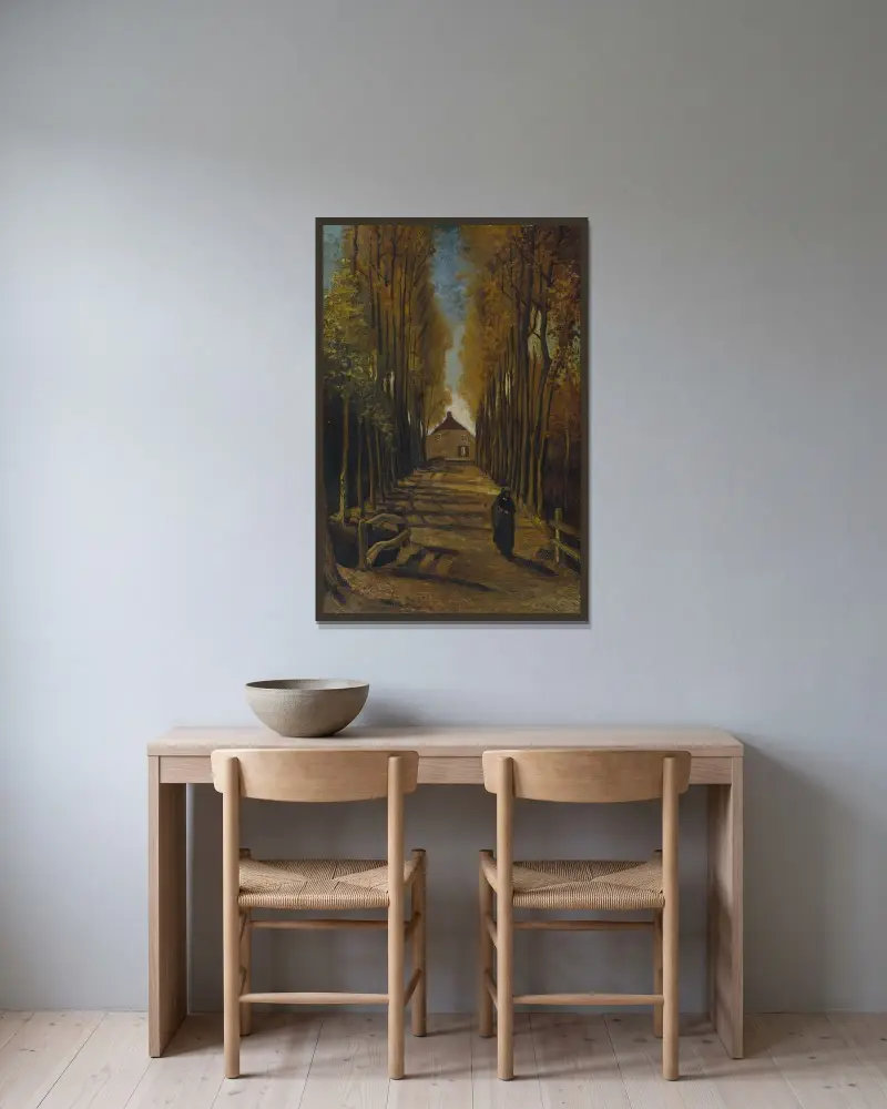 Poppelallé i höstskrud av Vincent van Gogh inramad på en vägg