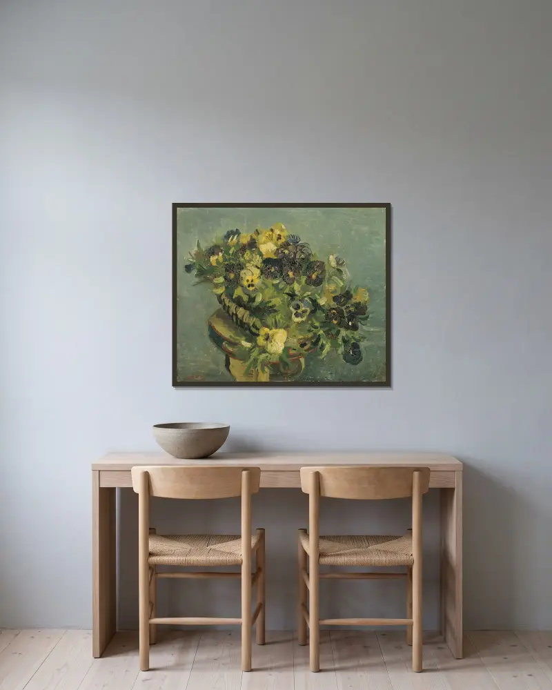Basket of pansies on a small table av Vincent van Gogh inramad på en vägg