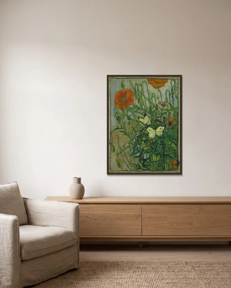 Butterflies and poppies av Vincent van Gogh inramad på en vägg