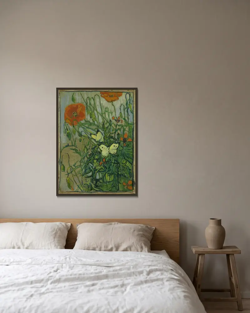 Butterflies and poppies av Vincent van Gogh inramad på en vägg