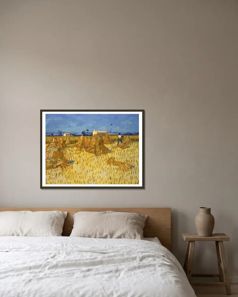 Corn Harvest in Provence av Vincent van Gogh inramad på en vägg