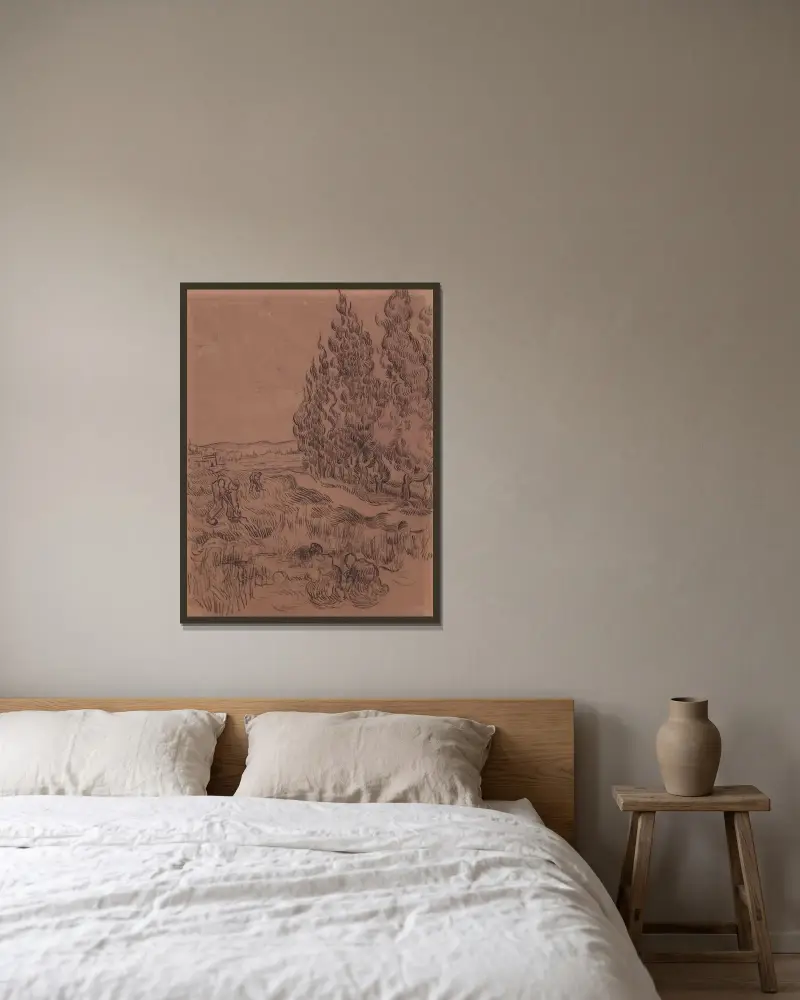 Zypressen mit vier Personen bei der Feldarbeit von Vincent van Gogh gerahmt an einer Wand
