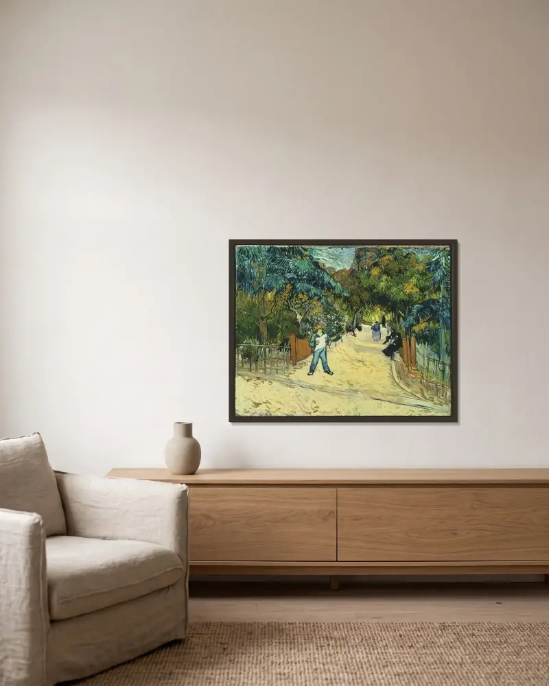 Ingången till den offentliga trädgården i Arles av Vincent van Gogh inramad på en vägg