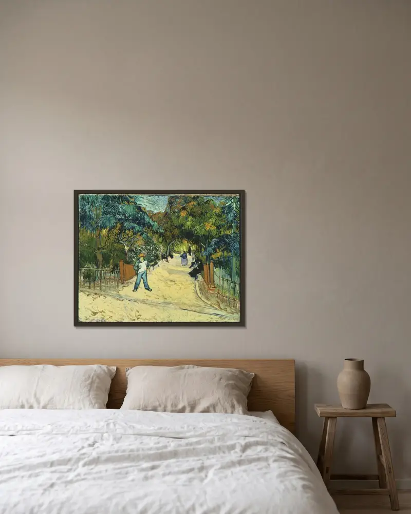 Ingången till den offentliga trädgården i Arles av Vincent van Gogh inramad på en vägg