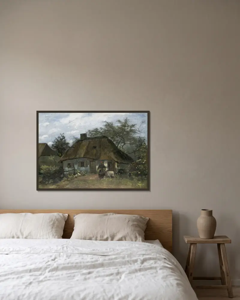 Farmhouse in Nuenen av Vincent van Gogh inramad på en vägg