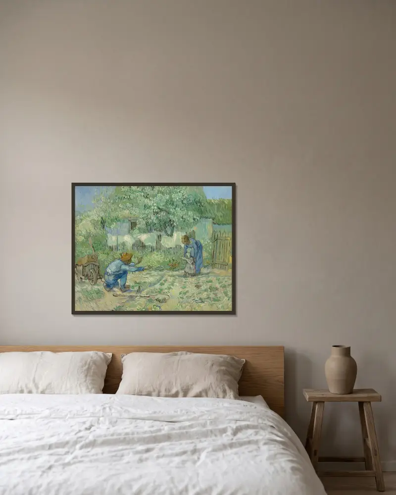 First Steps, after Millet av Vincent van Gogh inramad på en vägg