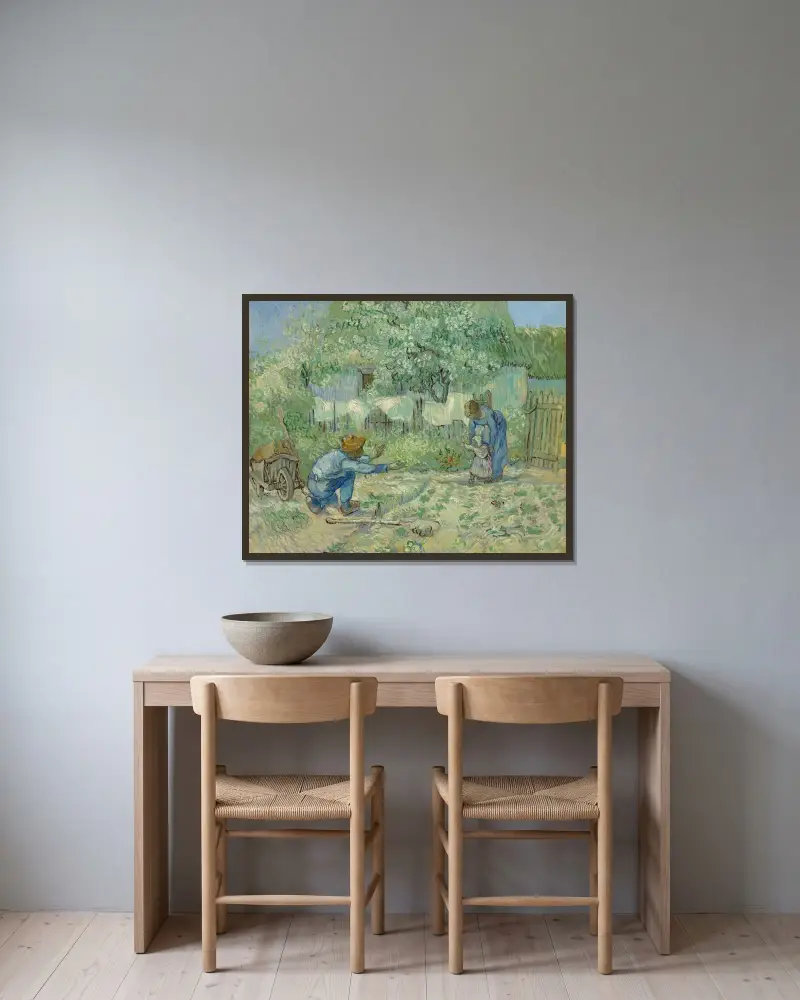 First Steps, after Millet av Vincent van Gogh inramad på en vägg