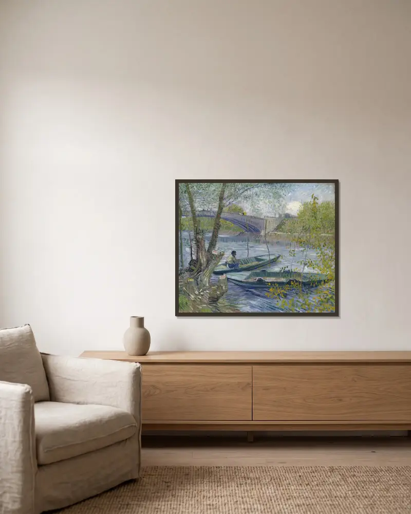 Fiske i vår vid Pont de Clichy (Asnières) av Vincent van Gogh inramad på en vägg