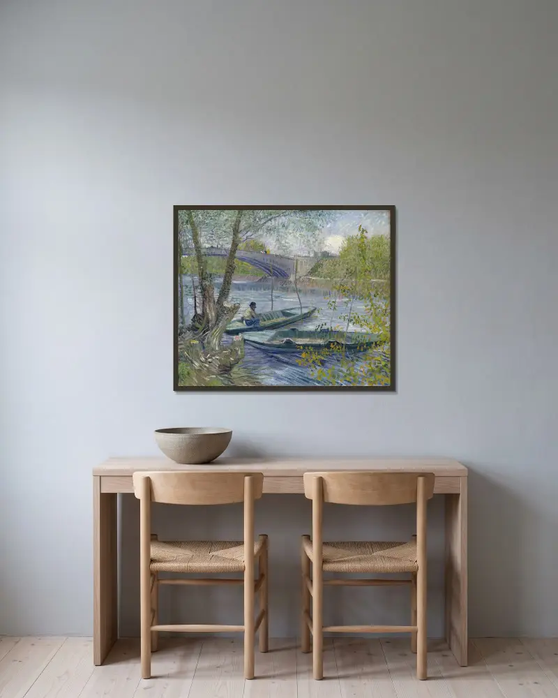 Fiske i vår vid Pont de Clichy (Asnières) av Vincent van Gogh inramad på en vägg