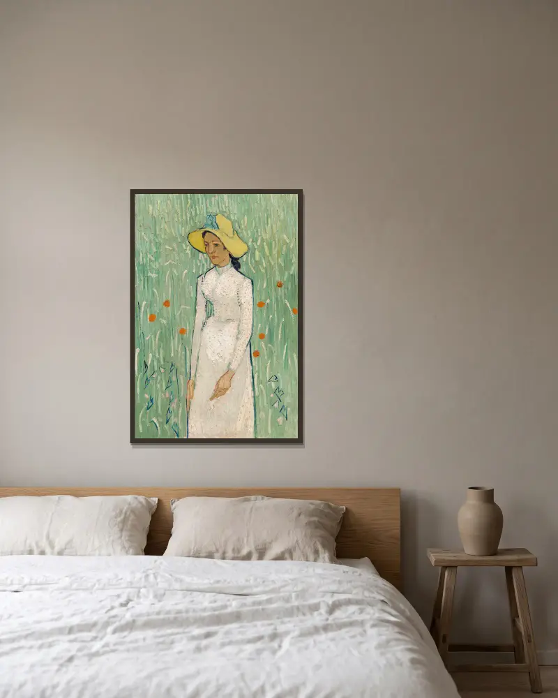 Mädchen in Weiß von Vincent van Gogh gerahmt an einer Wand