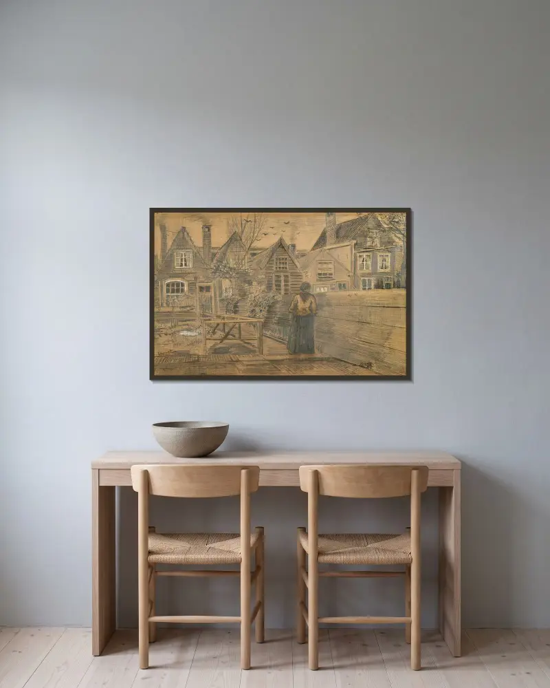 Hus sedda från bakfönstret i Siens mors hus av Vincent van Gogh inramad på en vägg