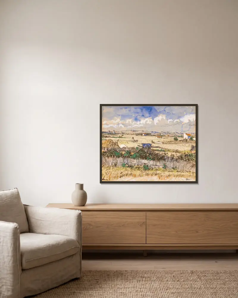 La Moisson en Provence av Vincent van Gogh inramad på en vägg