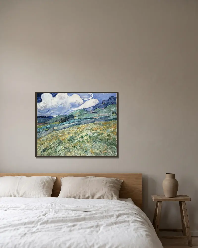 Landschaft bei Saint-Rémy von Vincent van Gogh gerahmt an einer Wand