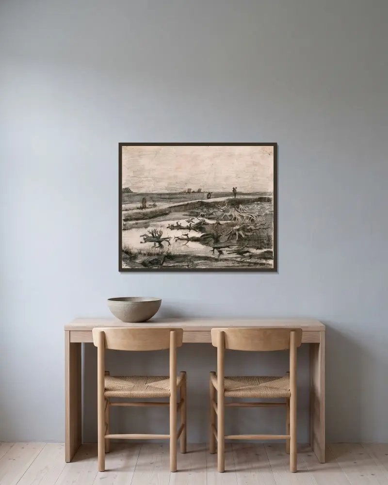 Landschaft mit Torfstämmen (Feldarbeit) von Vincent van Gogh gerahmt an einer Wand