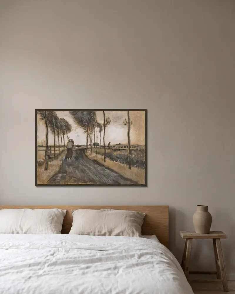Landschap met Lopende Vrouw av Vincent van Gogh inramad på en vägg