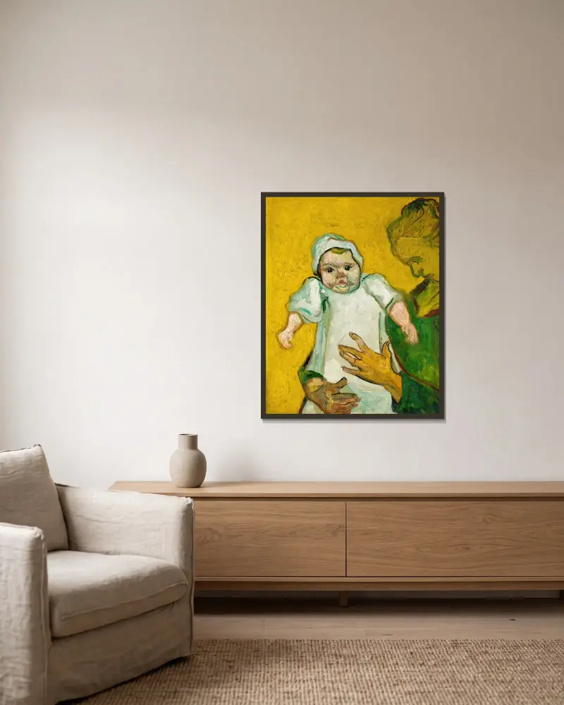 Madame Roulin and Her Baby av Vincent van Gogh inramad på en vägg