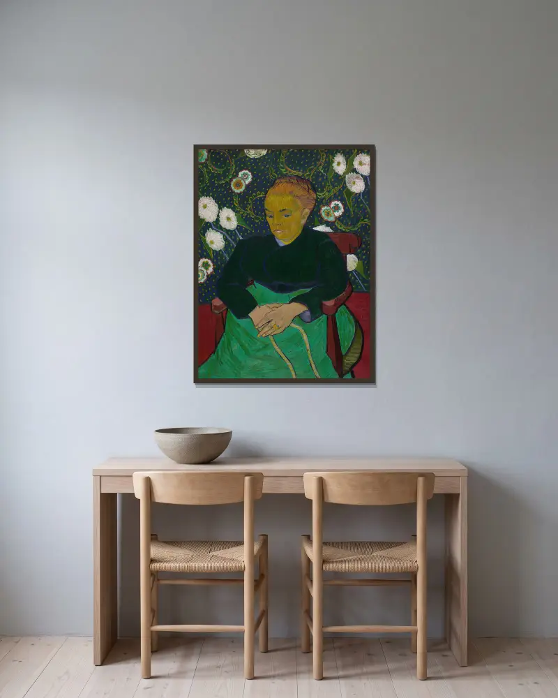 Madame Roulin Rocking the Cradle (La berceuse) av Vincent van Gogh inramad på en vägg