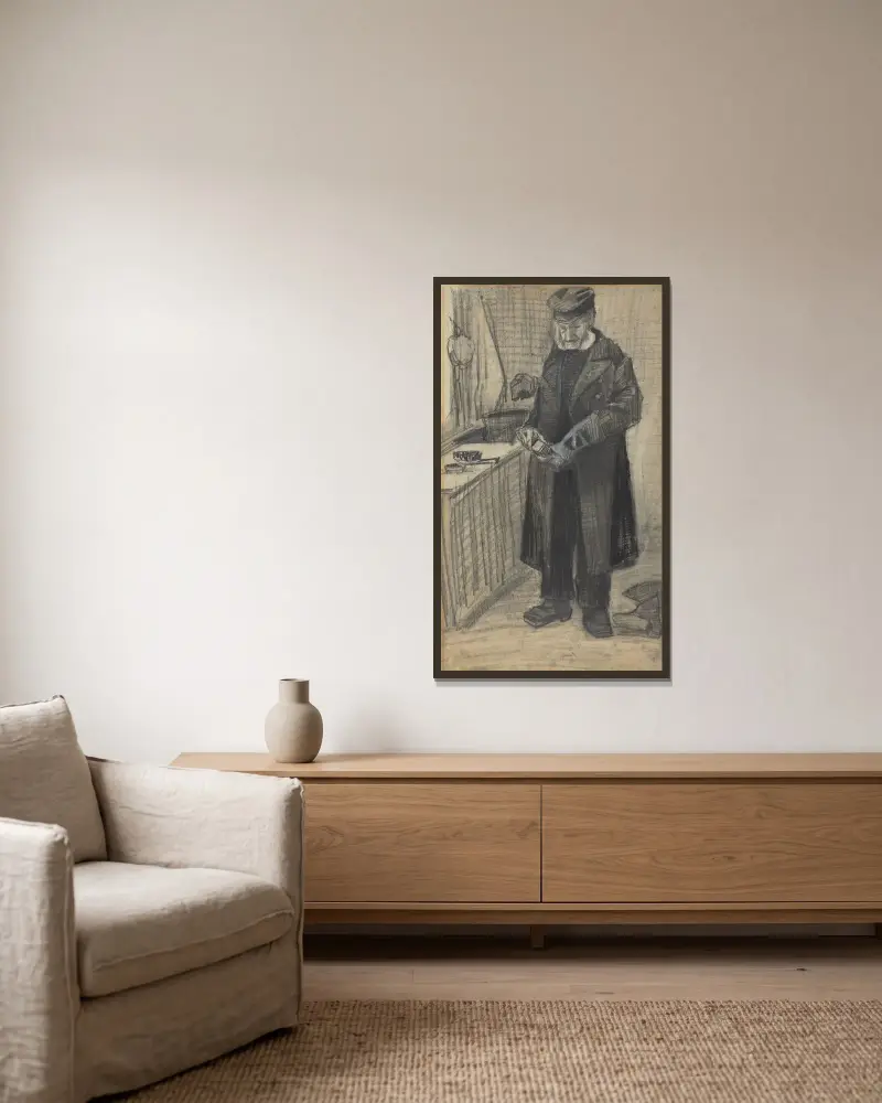 Mann beim Stiefelputzen von Vincent van Gogh gerahmt an einer Wand