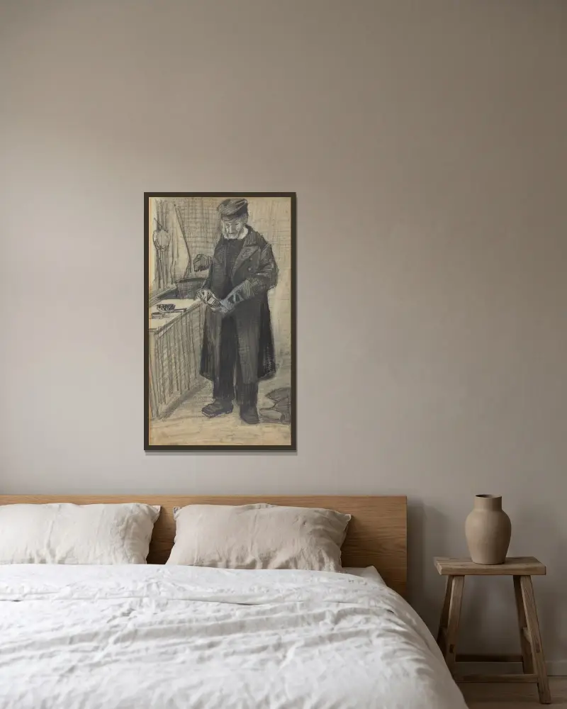 Mann beim Stiefelputzen von Vincent van Gogh gerahmt an einer Wand