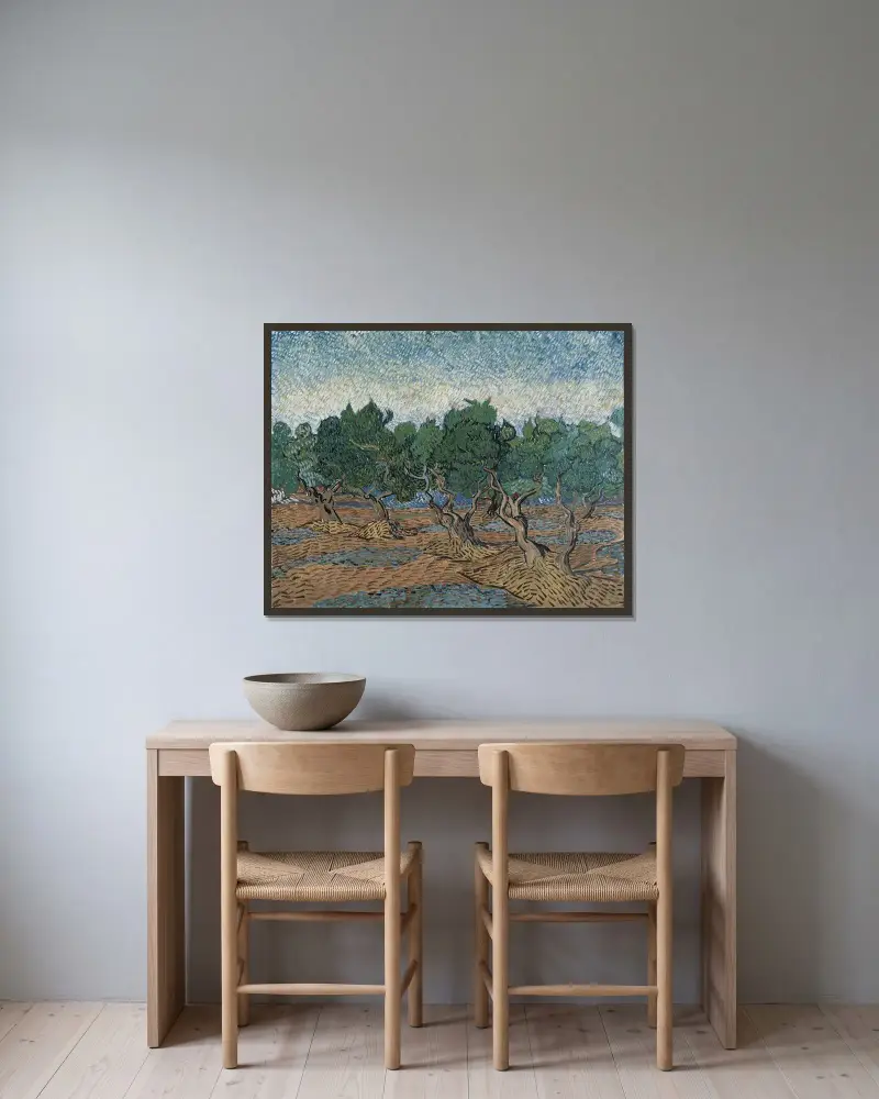 Olivenhain von Vincent van Gogh gerahmt an einer Wand