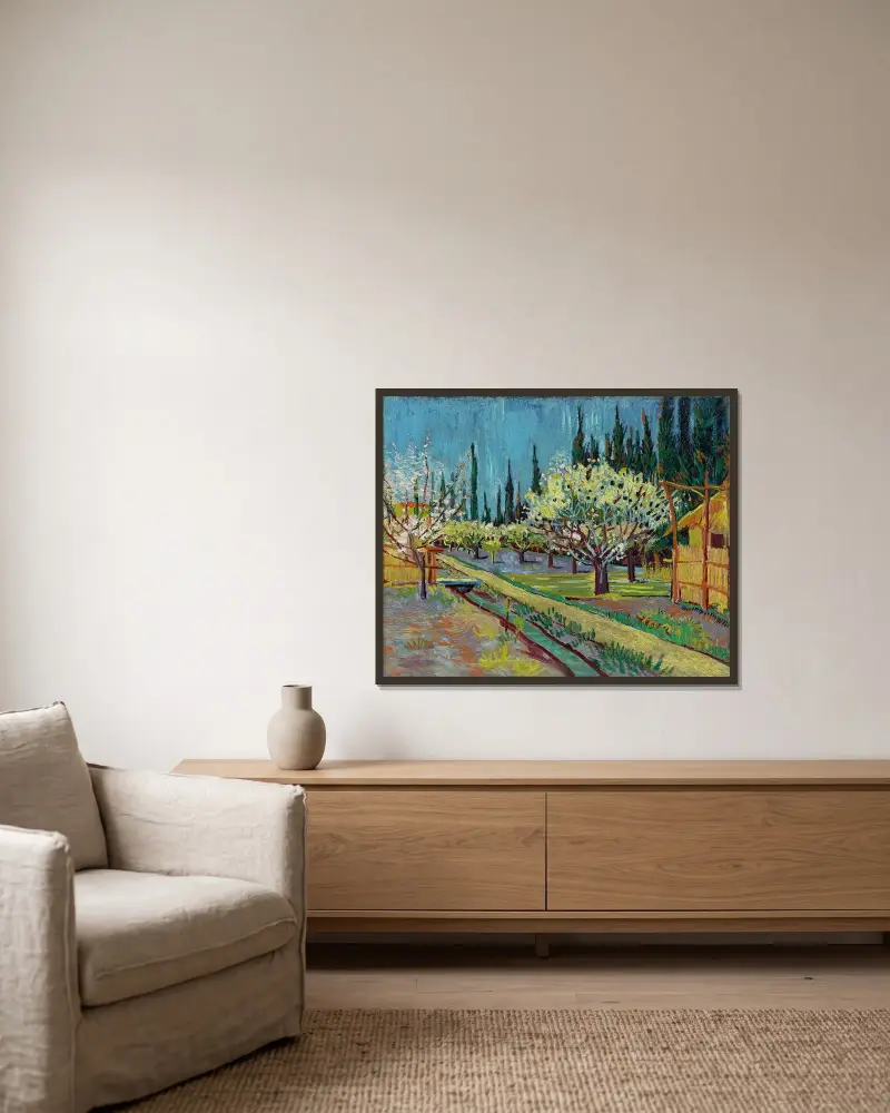 Sad s cypřiši, Vincent van Gogh v rámu na stěně