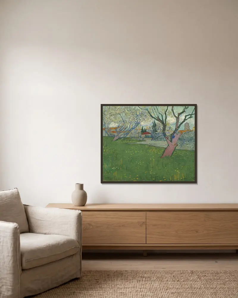 Blommande fruktträdgårdar, utsikt över Arles av Vincent van Gogh inramad på en vägg