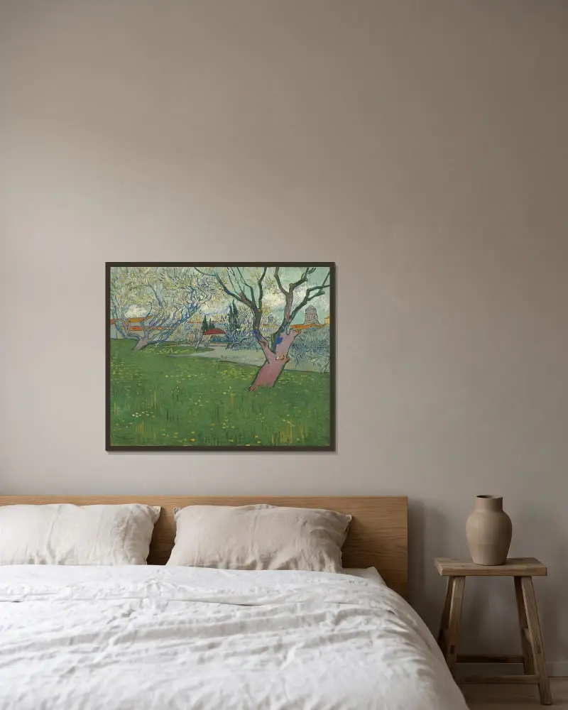 Blommande fruktträdgårdar, utsikt över Arles av Vincent van Gogh inramad på en vägg