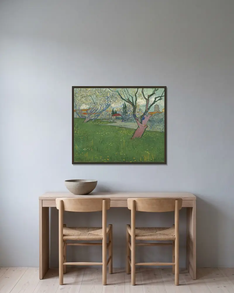 Blommande fruktträdgårdar, utsikt över Arles av Vincent van Gogh inramad på en vägg