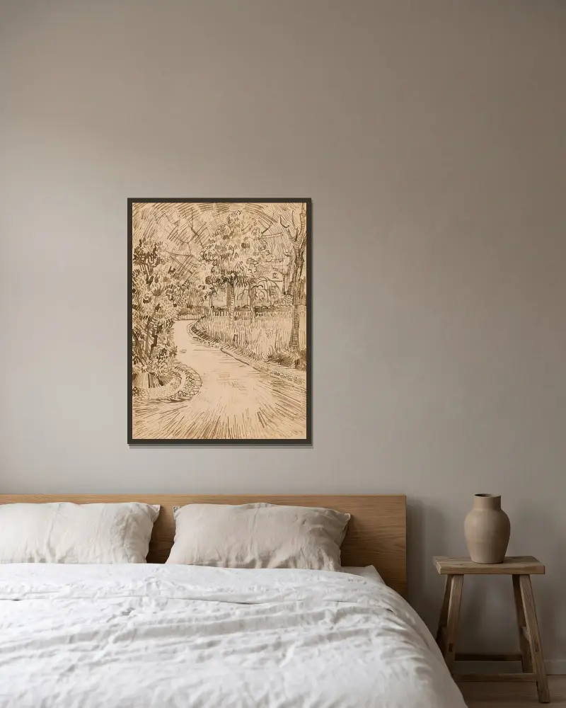 Park i Arles med ett hörn av det gula huset av Vincent van Gogh inramad på en vägg