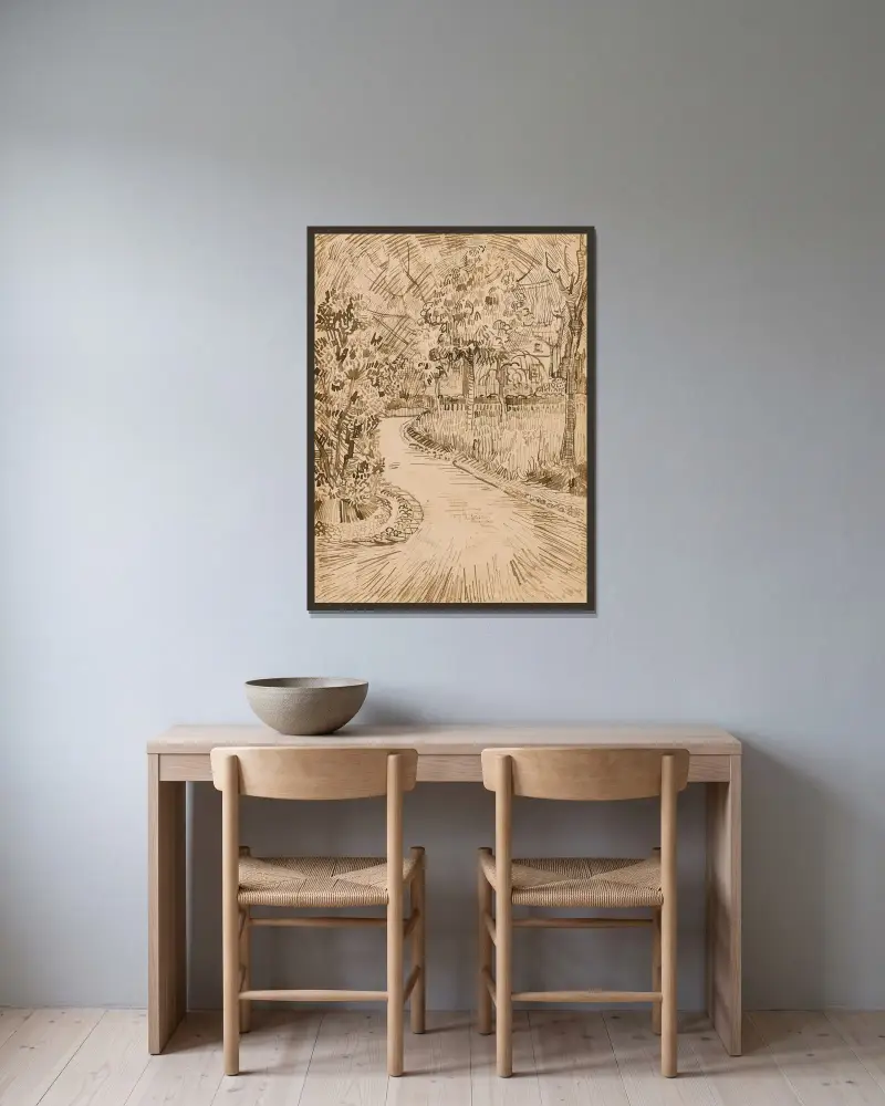 Park i Arles med ett hörn av det gula huset av Vincent van Gogh inramad på en vägg