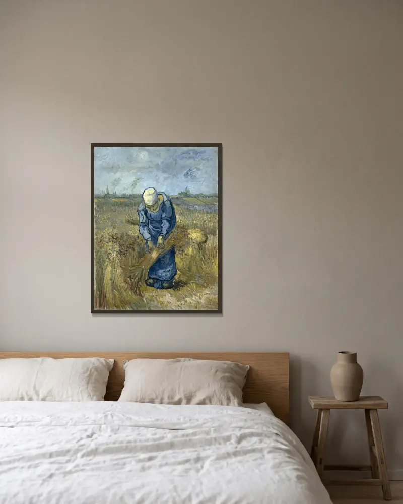 Peasant Woman Binding Sheaves (After Millet) av Vincent van Gogh inramad på en vägg