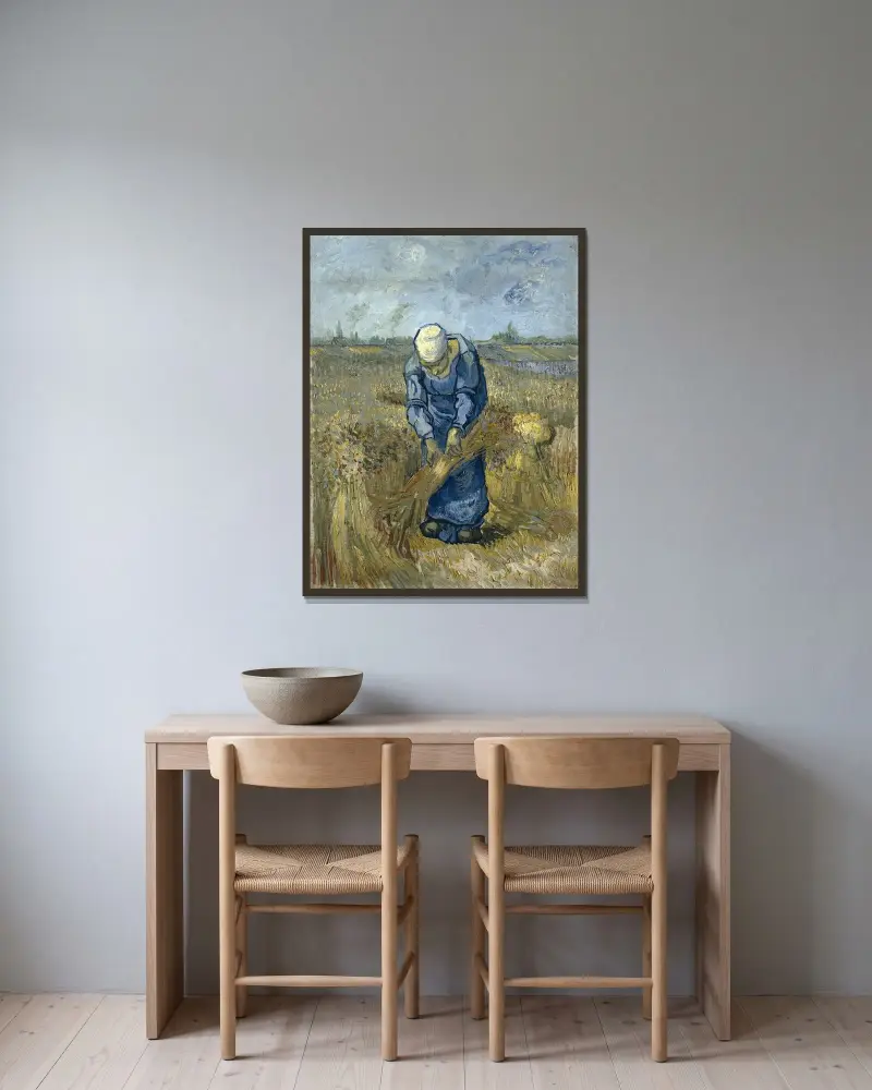 Peasant Woman Binding Sheaves (After Millet) av Vincent van Gogh inramad på en vägg