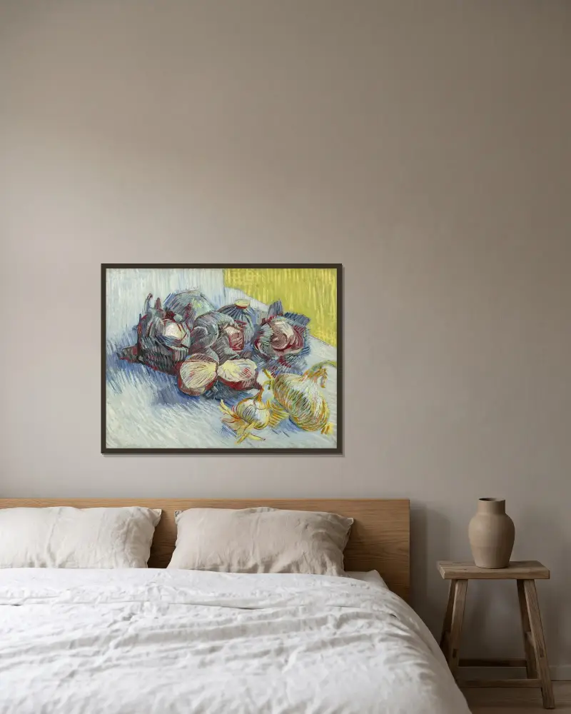 Red cabbages and onions av Vincent van Gogh inramad på en vägg