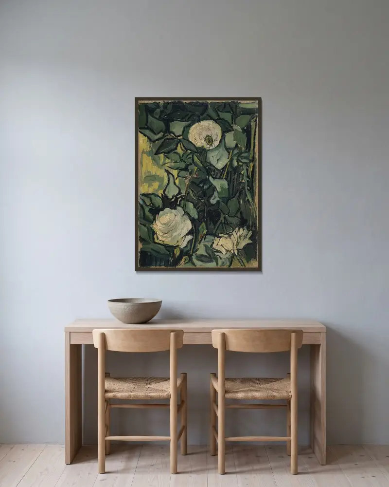 Roses, 1890 – nr 3 av Vincent van Gogh inramad på en vägg
