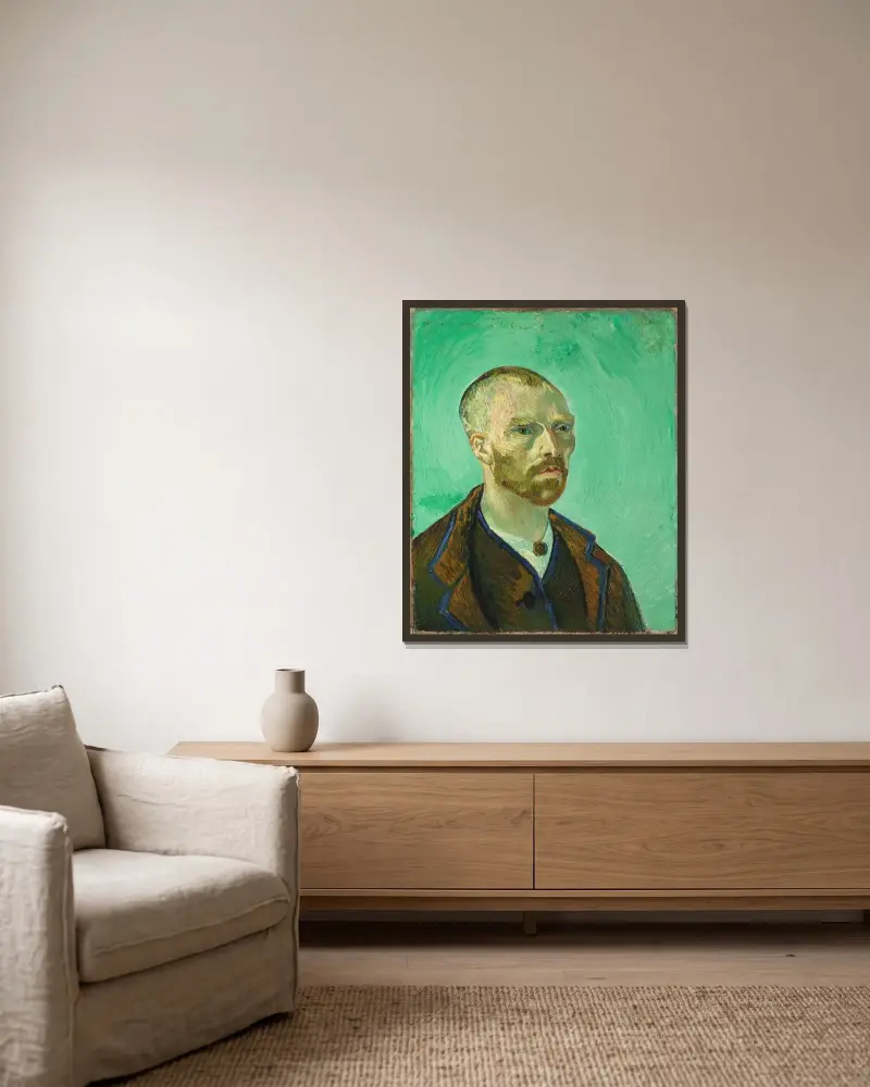 Self Portrait (dedicated to Paul Gauguin), 1888 av Vincent van Gogh inramad på en vägg