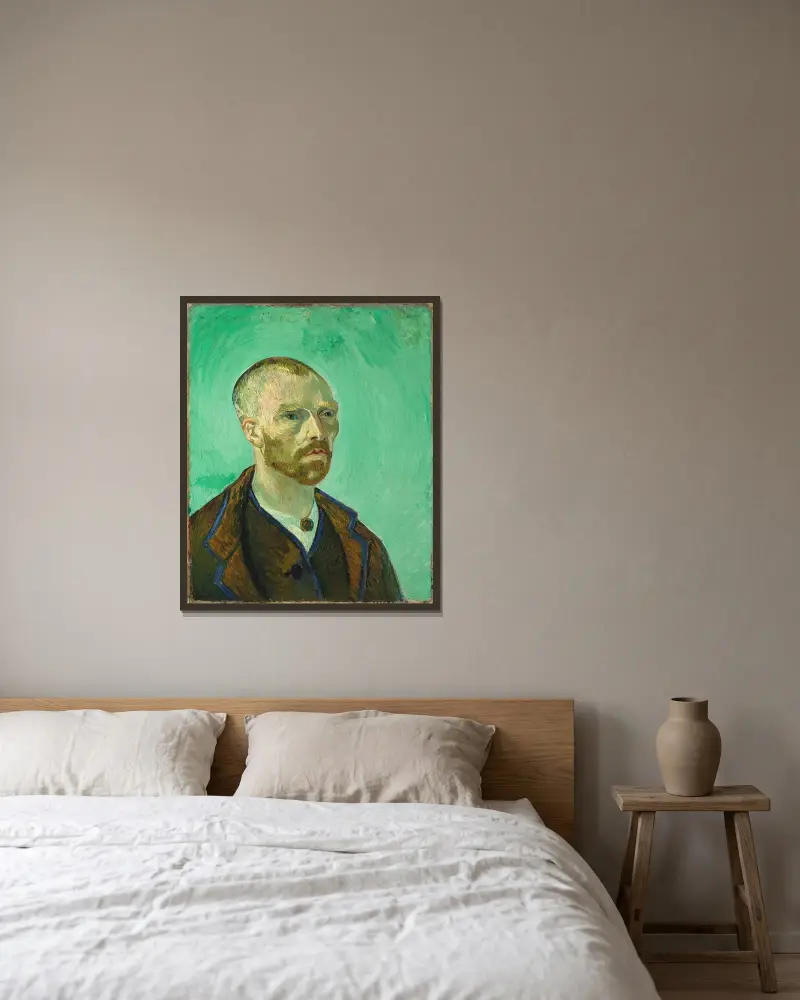 Self Portrait (dedicated to Paul Gauguin), 1888 av Vincent van Gogh inramad på en vägg