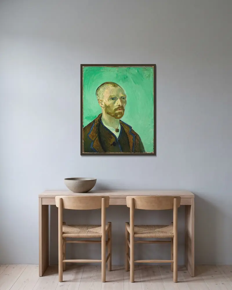 Self Portrait (dedicated to Paul Gauguin), 1888 av Vincent van Gogh inramad på en vägg